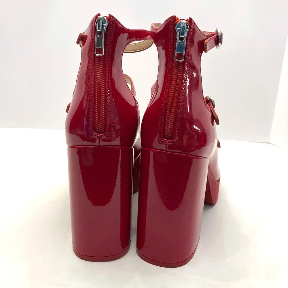 Steve Madden Quad Heels Red Patent Faux Leather Platform Womens 10 Straps Chunky
